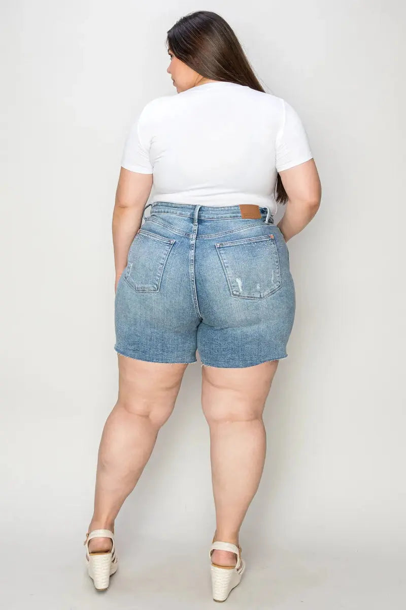 Judy Blue Full Size High Waist Raw Hem Denim Shorts for Summer - Love Salve